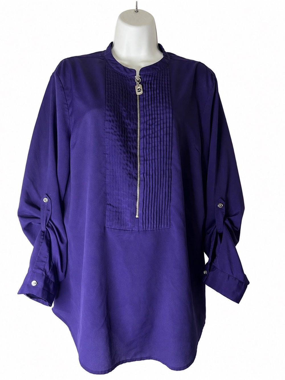 Michael Kors Women’s Purple Pintuck Half Zip Blouse Roll Tab Sleeve Size XL